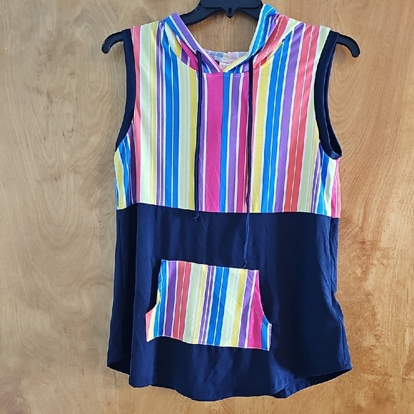LuLaRoe Tops - LuLaRoe Pink, Purple & Blue Striped Hooded Tank